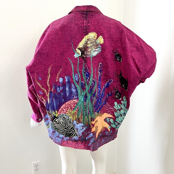 Womens Vintage Sundance S Dolman Denim Jean Hand Painted Sea Life Pink Jacket - Picture 5 of 7